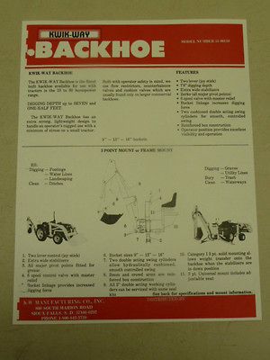 VINTAGE Kwik Way BACKHOE 51 00110 SPEC SHEET SALES BROCHURE for 