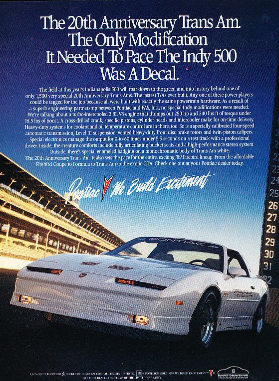 1989 Pontiac TransAm 20th Indy 500 Pace   Classic Vintage 