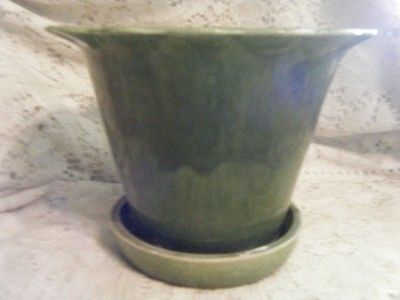 Vintage Green Adah Art Pottery Flower Pot Planter w Underplate Dallas 