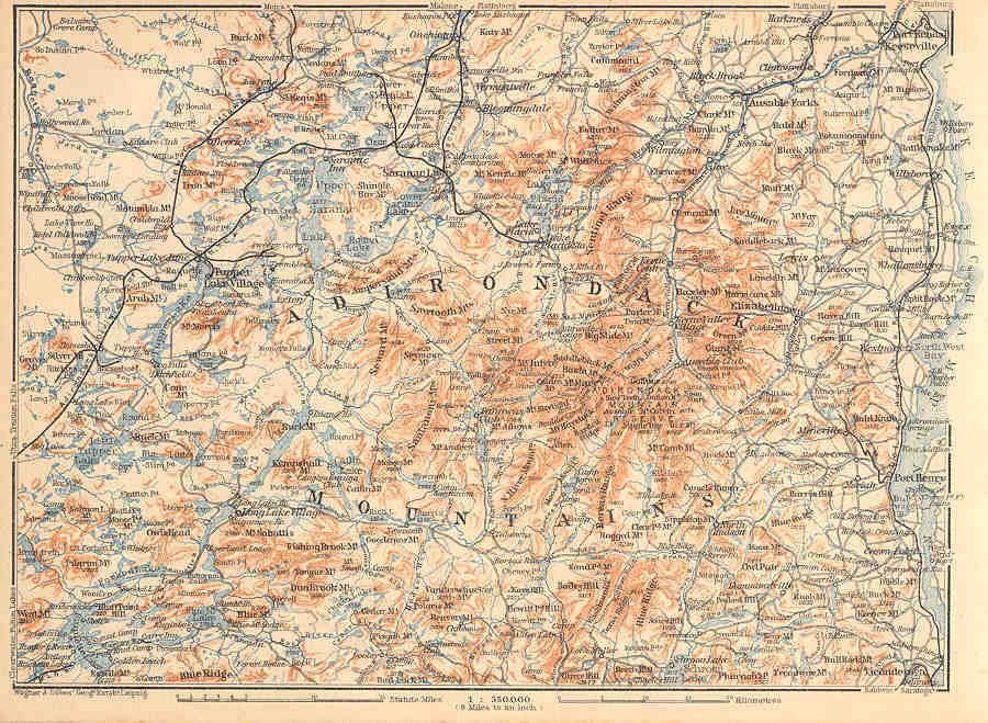 New York State 1909 Adirondack Mountains Old Vintage Map