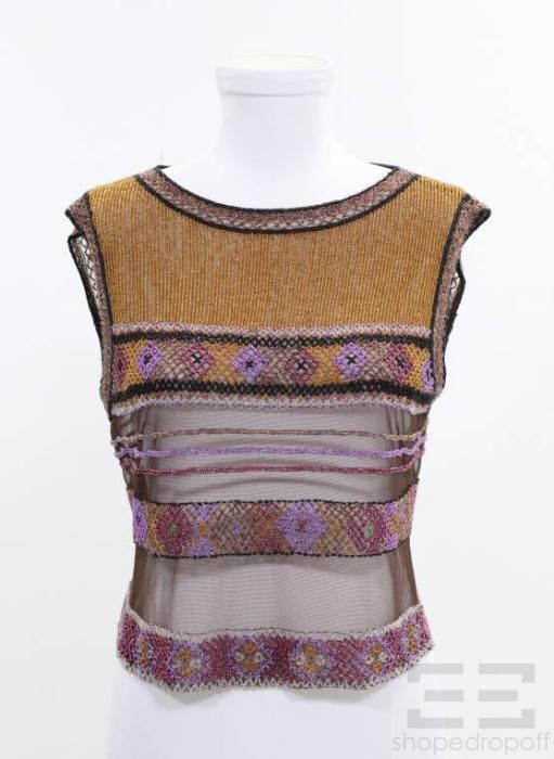 Alberta FERRETTI Multicolor Beaded Sleeveless Semi Sheer Top Size US 8 