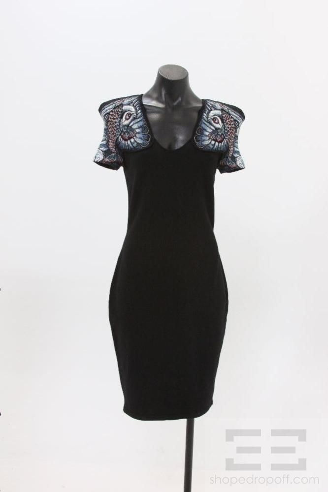 Alexander McQueen Black Wool Blue Coy Fish Sleeve Dress Size Small New 