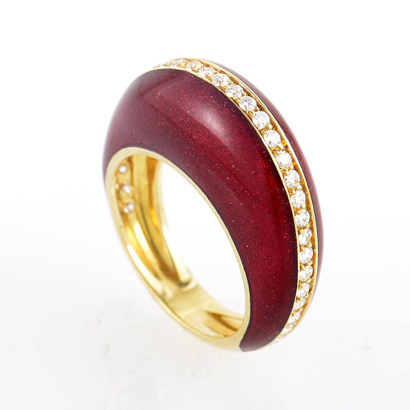 Alessandro Fanfani 18K Yellow Gold Red Enamel & Diamond Ring