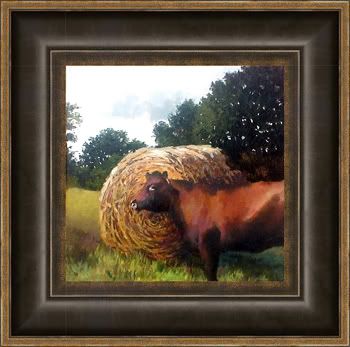 late afternoon, an Angus cow, his haystack, his place in the world 