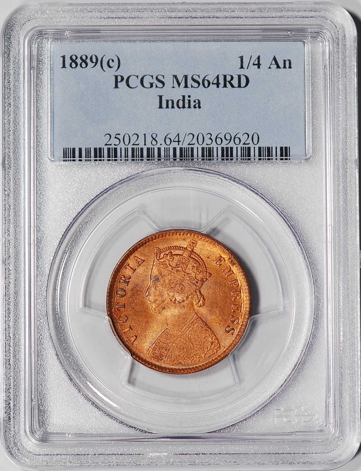 1889 C India 1 4 Anna PCGS MS64RD