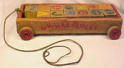 Vintage Childs Whimsie Toy Blocks in Wooden Wagon Nice