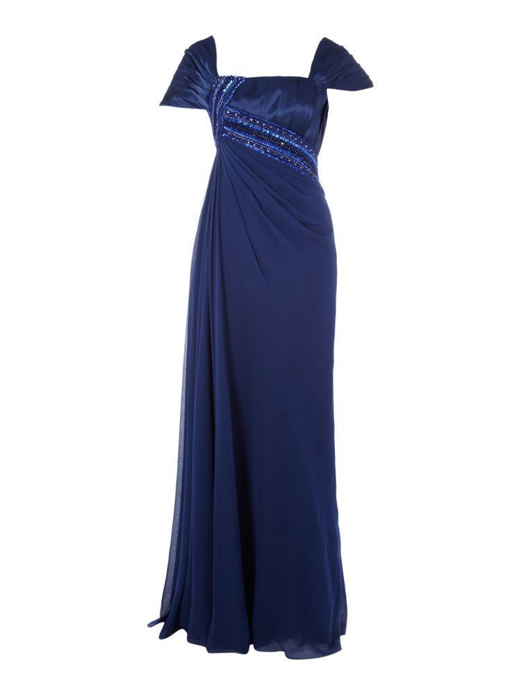 Anoushka G Matilda Fan Sleeve Beaded Bust Dress in Royal Blue