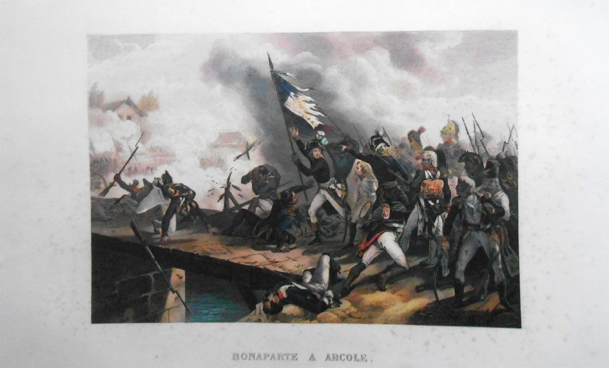   BONAPARTE with the FRENCH FLAG in BRIDGE of ARCOLA   Colour engraving