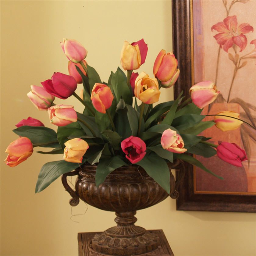   Red Yellow Tulps Artificial Silk Flower Centerpiece Arrangement