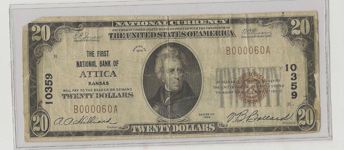 1929 $ 20 Twenty Dollar National Banknote Attica Kansas