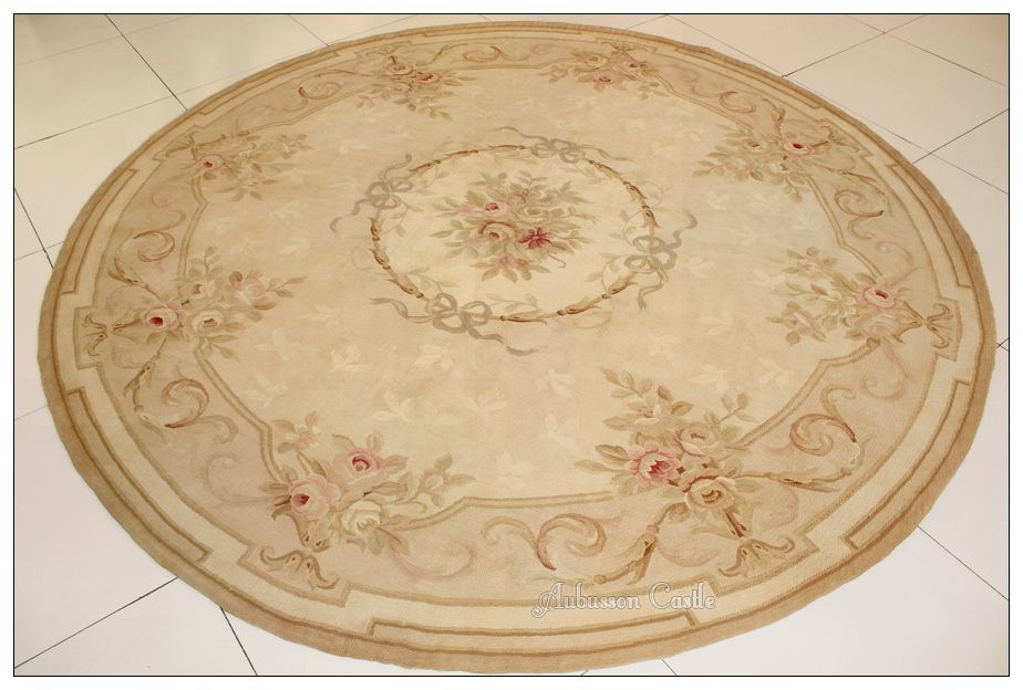 7X7 FT. ROUND Aubusson Area Rug ANTIQUE FRENCH PASTEL Wool Flat Weave 
