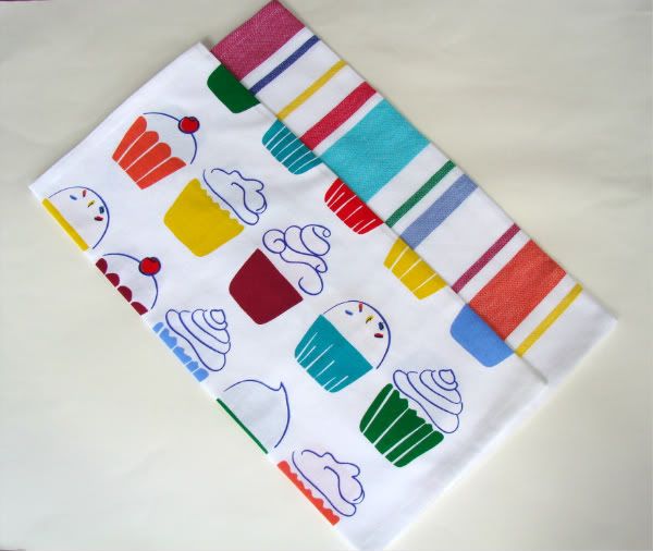 cupcakes and stripes set of 2 kitchen dishtowel