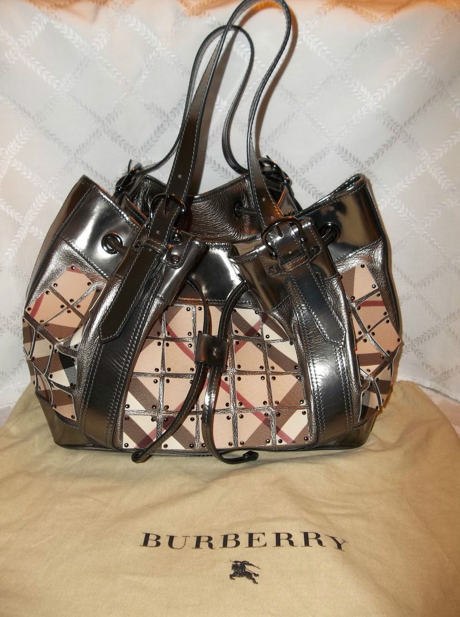 Burberry Nova Armored Beaton Dark Nickel Patent Leather Shoulder Bag 