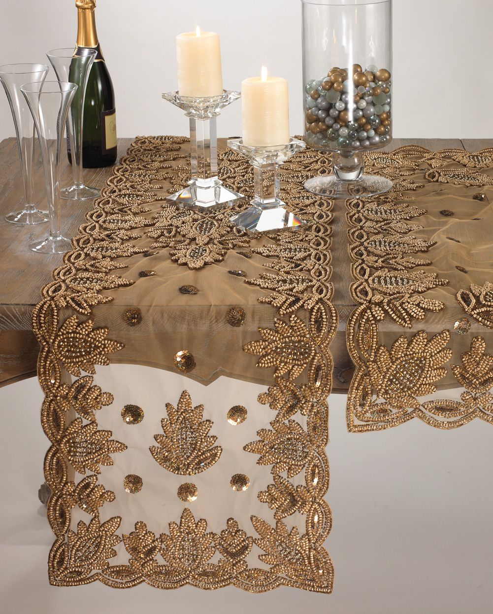 Elegant Lakshmi Hand Beaded Gold Table Runner 16x72 New