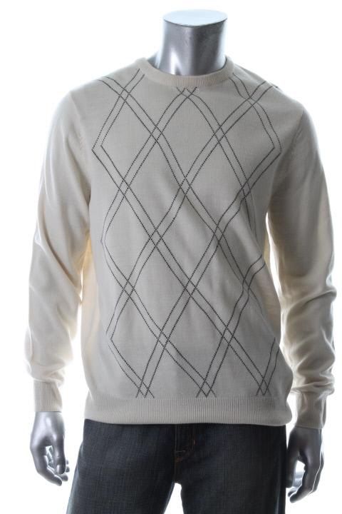 Geoffrey Beene New Beige Argyle Ribbed Trim Long Sleeve Crewneck 