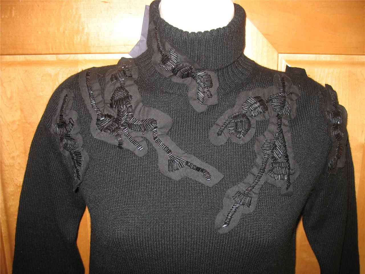 Prada Beautiful Italian Black Beaded Accent Turtleneck Sweater New 38 