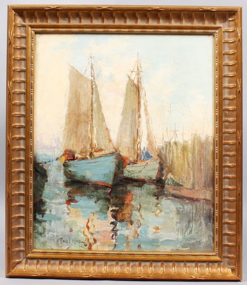 PAUL BERNARD KING LISTED AMERICAN ANTIQUE IMPRESSIONIST BOAT HARBOR 