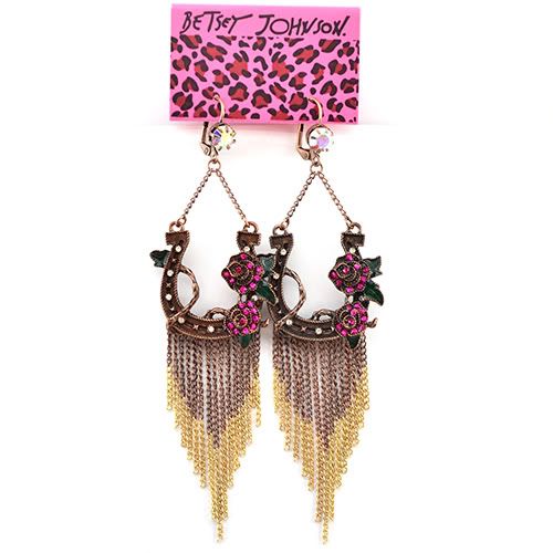 Original Betsey Johnson Lucky Rose Horseshoe Fringe Tassle Earrings 