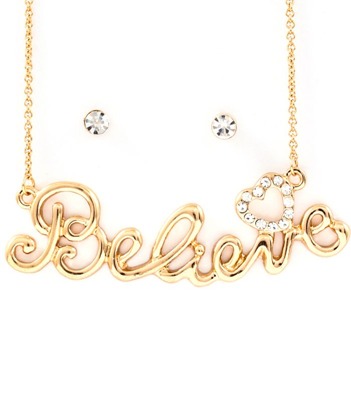 Believe Ladies Necklace Gold Tone Crystal Pendant & Earrings Set
