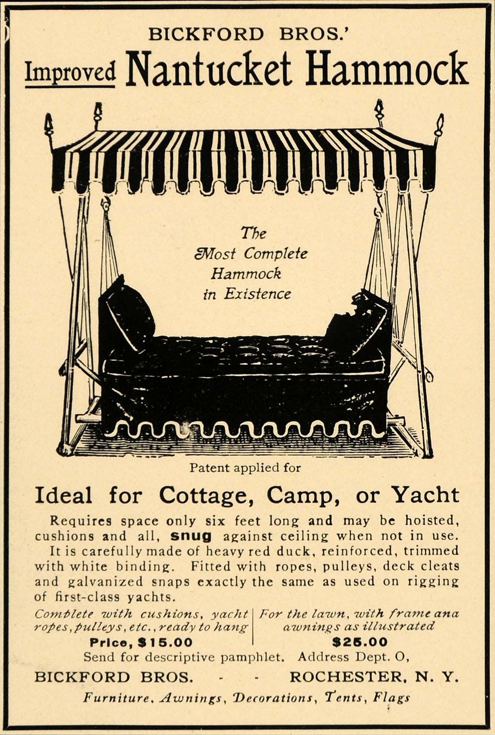 1905 Ad Bickford Brothers Nantucket Hammock Furniture Original 