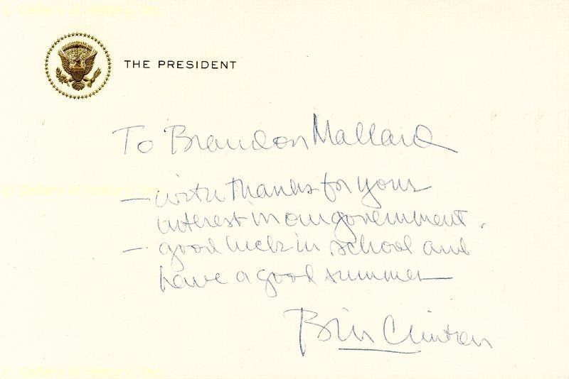 William J Bill Clinton Autograph Note Signed