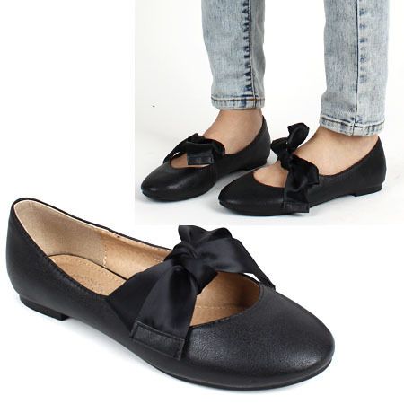 Womens Chic Big Ribbon Flat Mary Janes Shoes Black