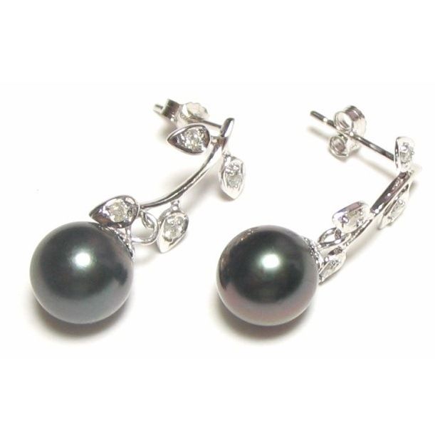 9mm Tahitian Black Pearl 14K White Gold 0.12 ct Diamond Earrings