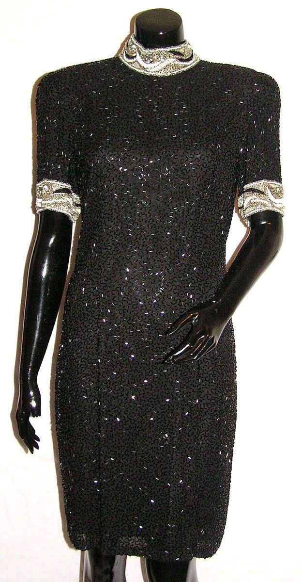 BLACK TIE OLEG CASSINI  Dress Black Silk Beaded Formal 