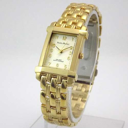 Stanley Blacker Womens Gold Tone Rectangular White Dial Bracelet 