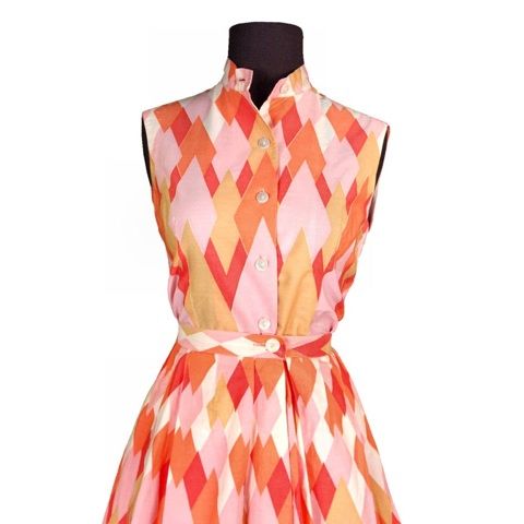 VINTAGE COTTON 2PC DRESS ORANGE/PINK PRINT 1950S