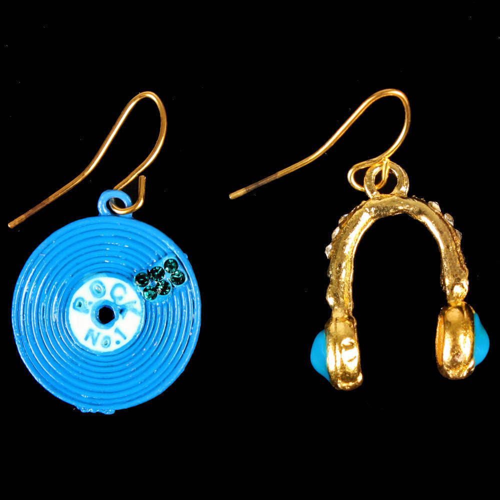 Blue Rock and Roll Record Music Headphone Lady Dangle Earrings Jewelry 