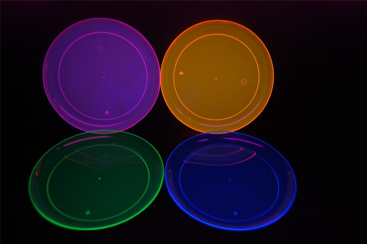 Assorted Neon Blacklight Reactive 7 5 inch Sturdy Plastic Party Plates 