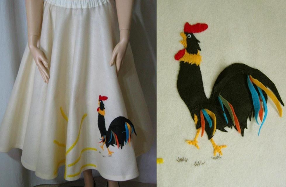 Vintage Style Felt Circle Skirt with Rooster Sun Rockabilly Country 