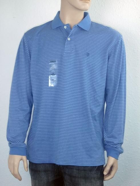 Izod Mens 100% Cotton Blue Striped Revival Long Sleve Rib Interlock 