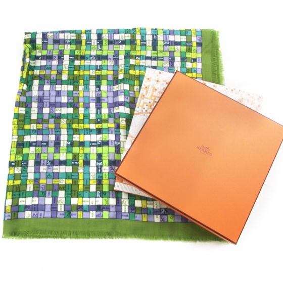 Hermes Cashmere Silk Bolduc AU Carre Scarf 90 Green