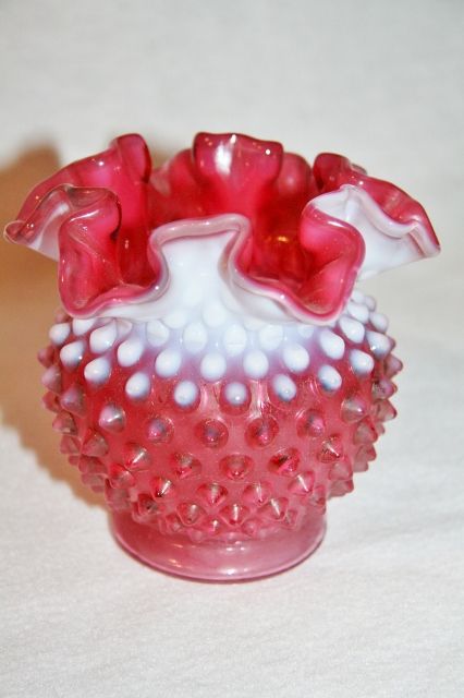 Circa 1960s Fenton Hobnail Cranberry Opalescent Double Crimped Rim 