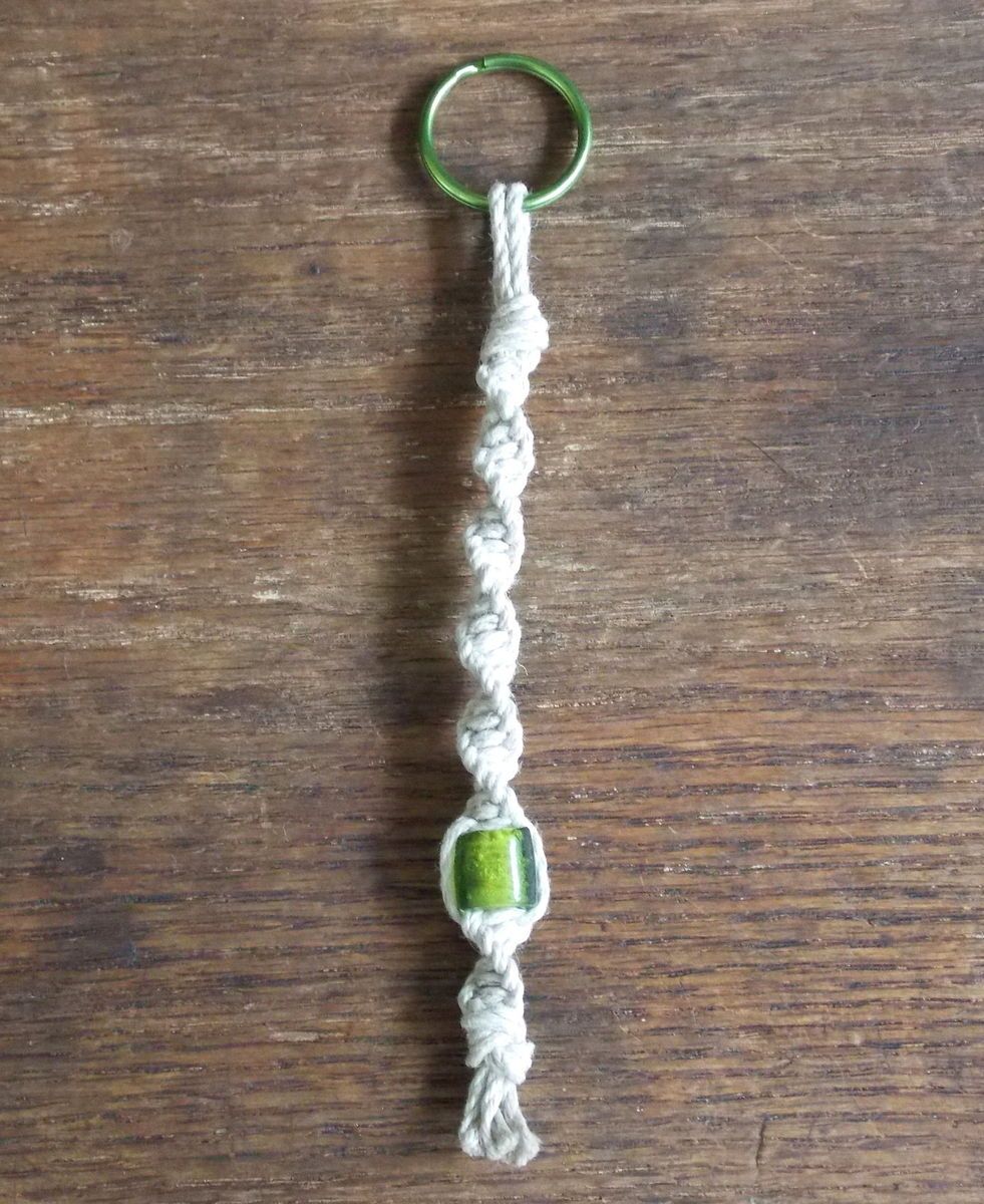 Handmade Hemp Keychain with Green Glass Bead 