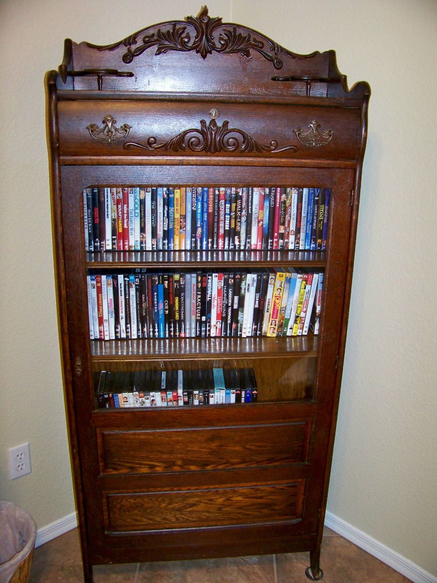   Antique Victorian Glass Wood Single Door Lawyer Locking Bookcase Shelf