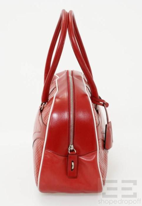 Prada Red Perforated Leather & White Piping Bowler Bag