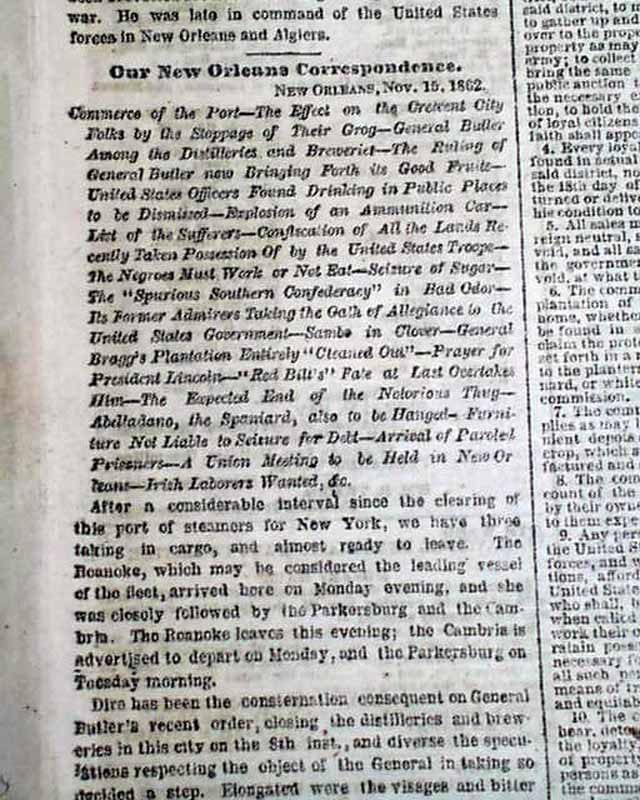 1862 Old Civil War Newspaper Braxton Braggs Plantation Captured Cove 