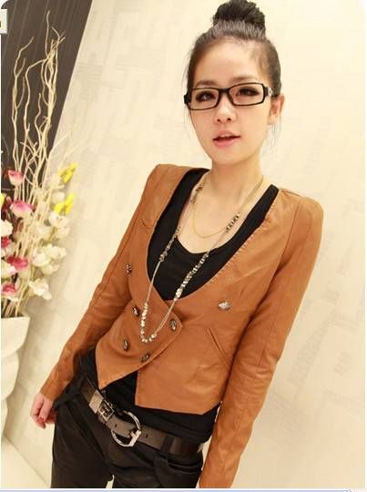 Womens Vintage Double Breasted PU Leather Lapelless Jacket 2 Color 