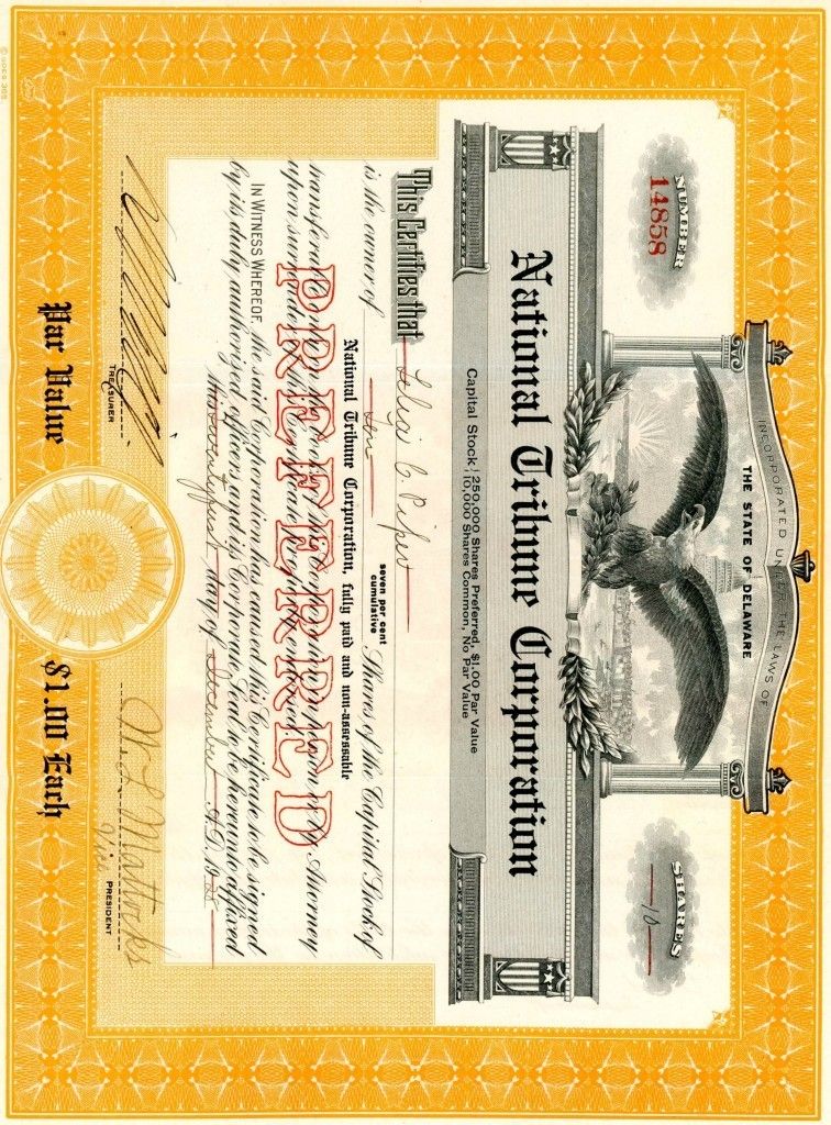 National Tribune Corp Preferred Stock Certificate