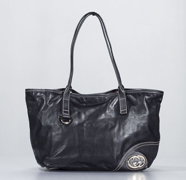 Auth GUCCI BRITT Black Leather Medium Tote Shoulder Handbag Purse Used 