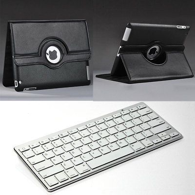 The New iPad 3/2 Black 360° Leather Smart Stand Case+Bluetooth 