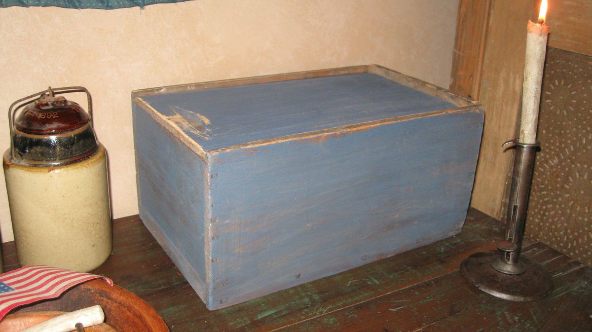 LARGE ANTIQUE BLUE PAINTED BRIMFIELD PRIMITIVE SLIDE TOP TALLOW CANDLE 