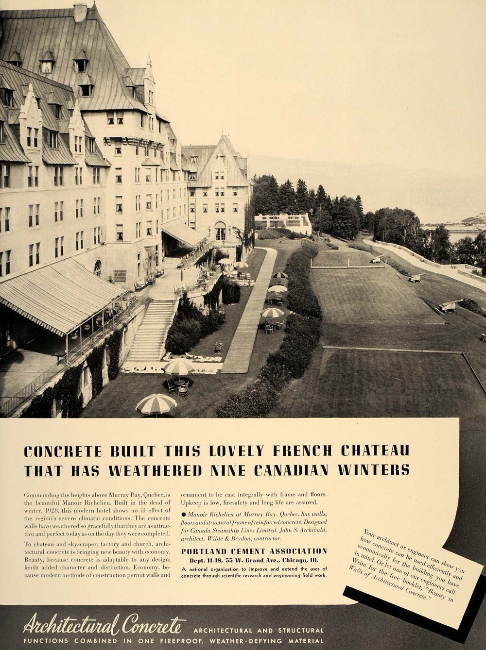 1937 Ad Portland Cement Manoir Richelieu Quebec Hotel Original 