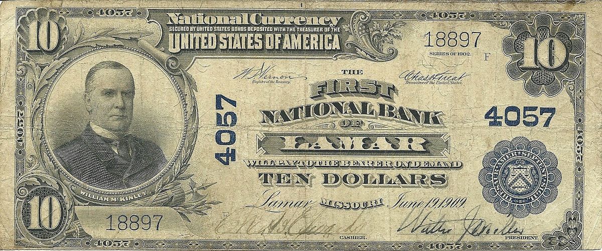 1902 $10 National Bank Note Lamar Missouri Barton County Nice
