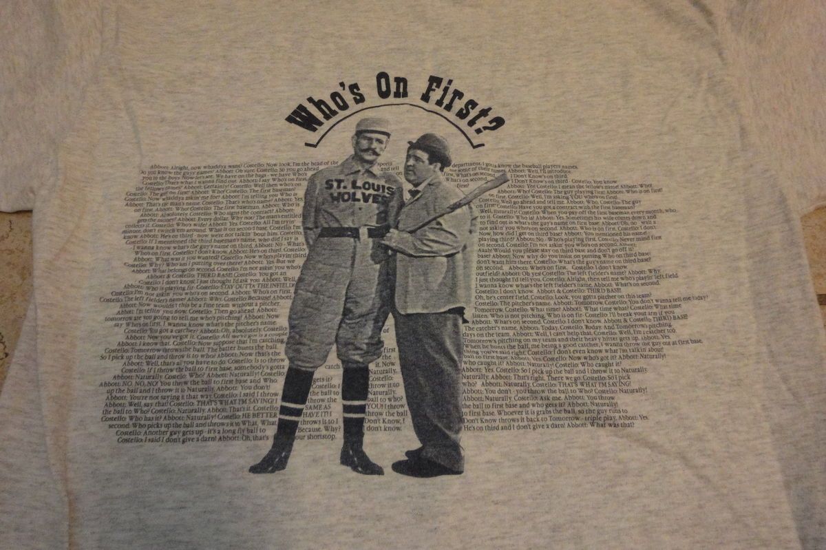 Vintage Lou Abbott & Bud Costello Whos On First Baseball Tour Tshirt 