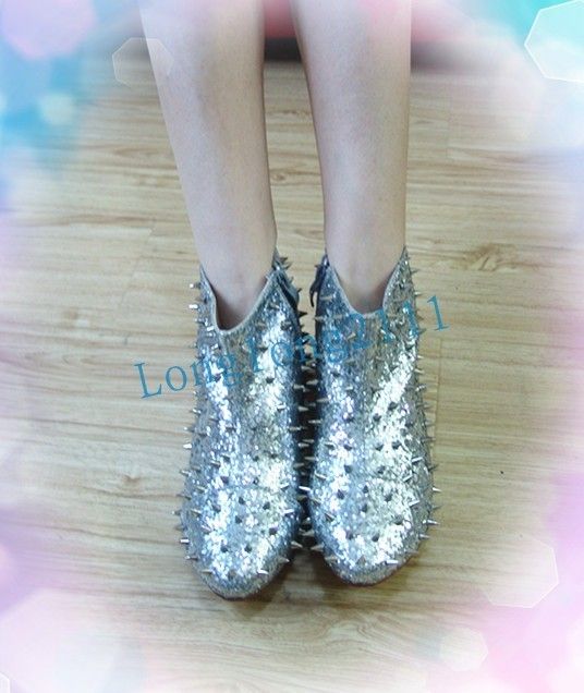  Womens Ladies Glitter Spike Studded Low Heel Ankle Snow Boots &L42
