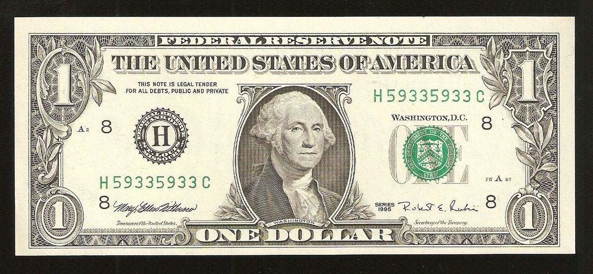 1995 1 ONE DOLLAR FEDERAL RESERVE NOTE REPEATER GEM UNCIRCULATED